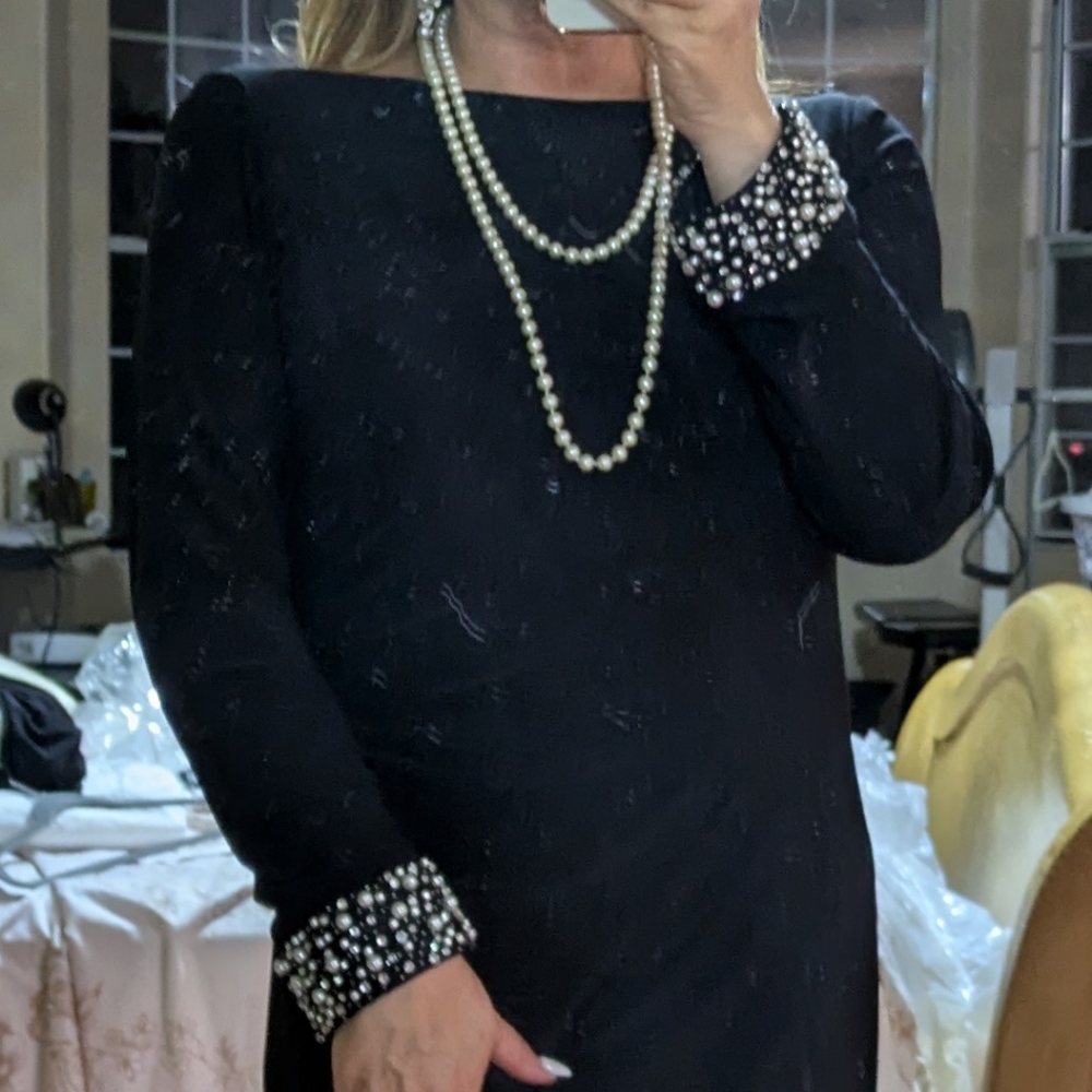 MARINA Black Long Sleeve Dress with Pearl Cuffs